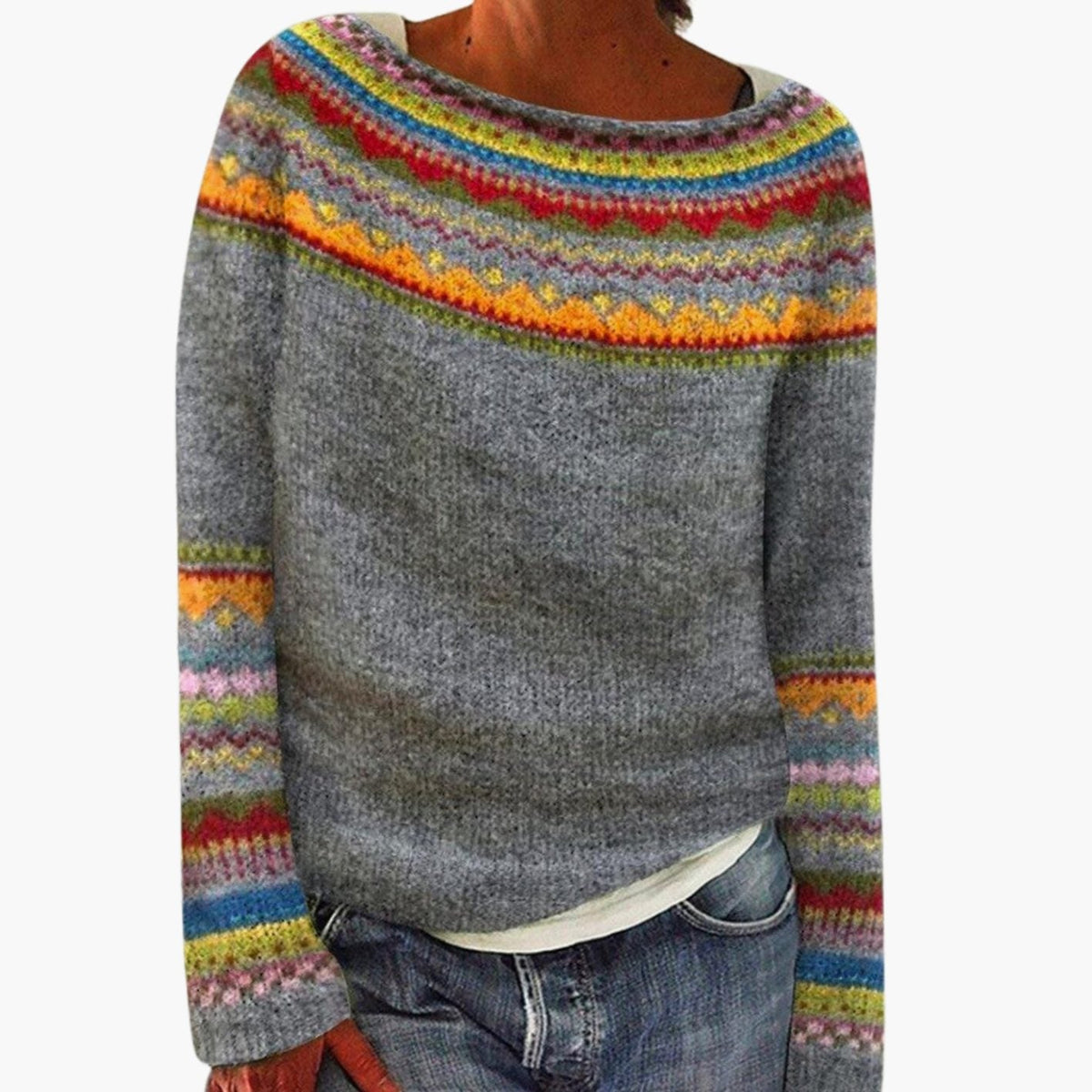 Sienna - Women's Merino Wool Pullover with Multicolor Fair Isle Stripe