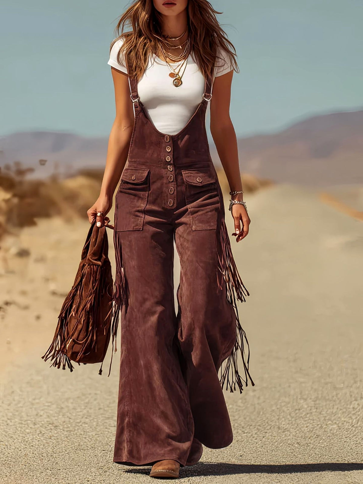 Sienna - Women's Fringe Detail Suede Flare Leg Jumpsuit 2
