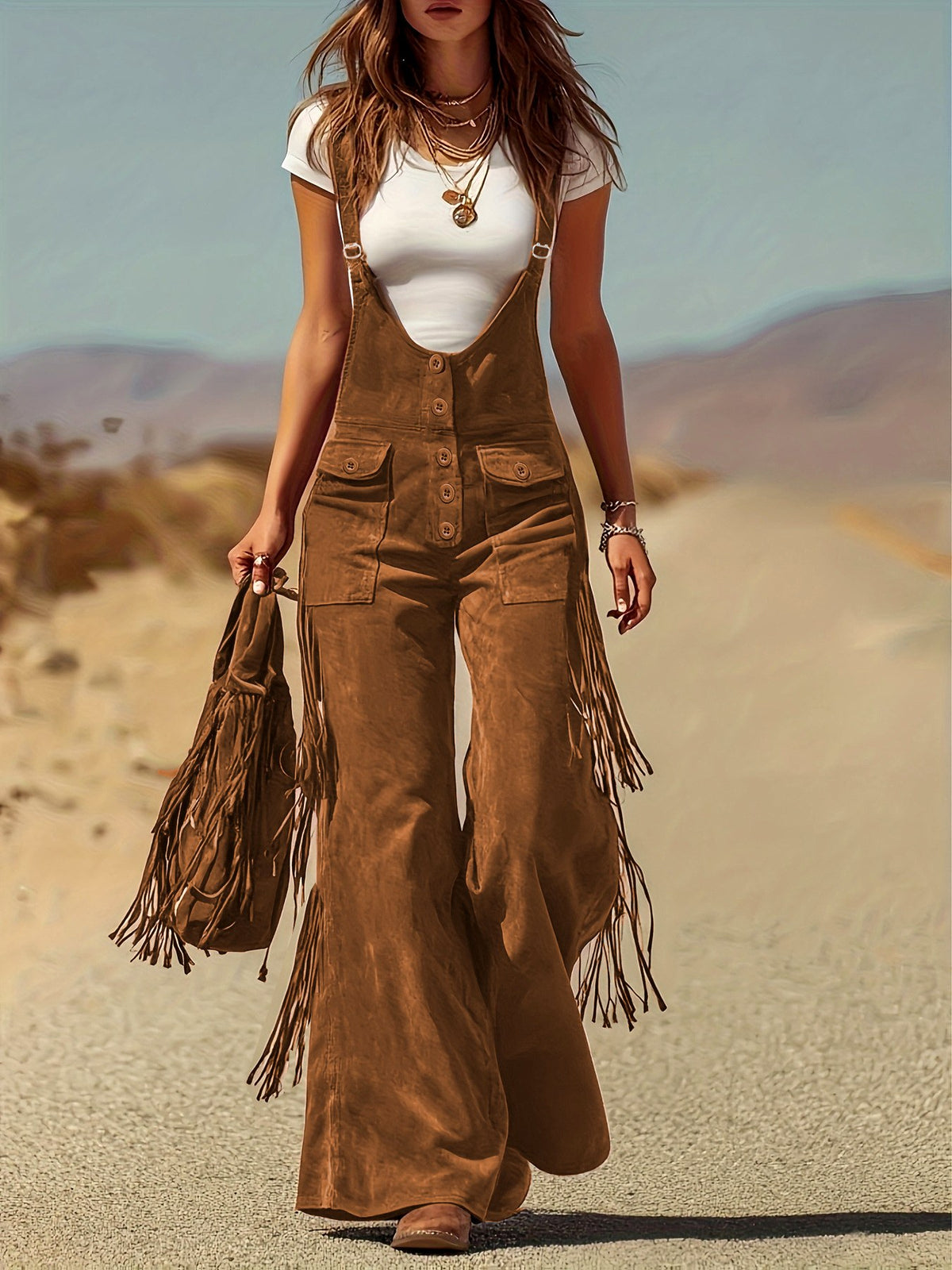 Sienna - Women's Fringe Detail Suede Flare Leg Jumpsuit 5