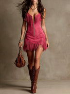 Sierra - Women's Zip Front V-Neck Western FringeDress 3