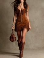 Sierra - Women's Zip Front V-Neck Western FringeDress 6