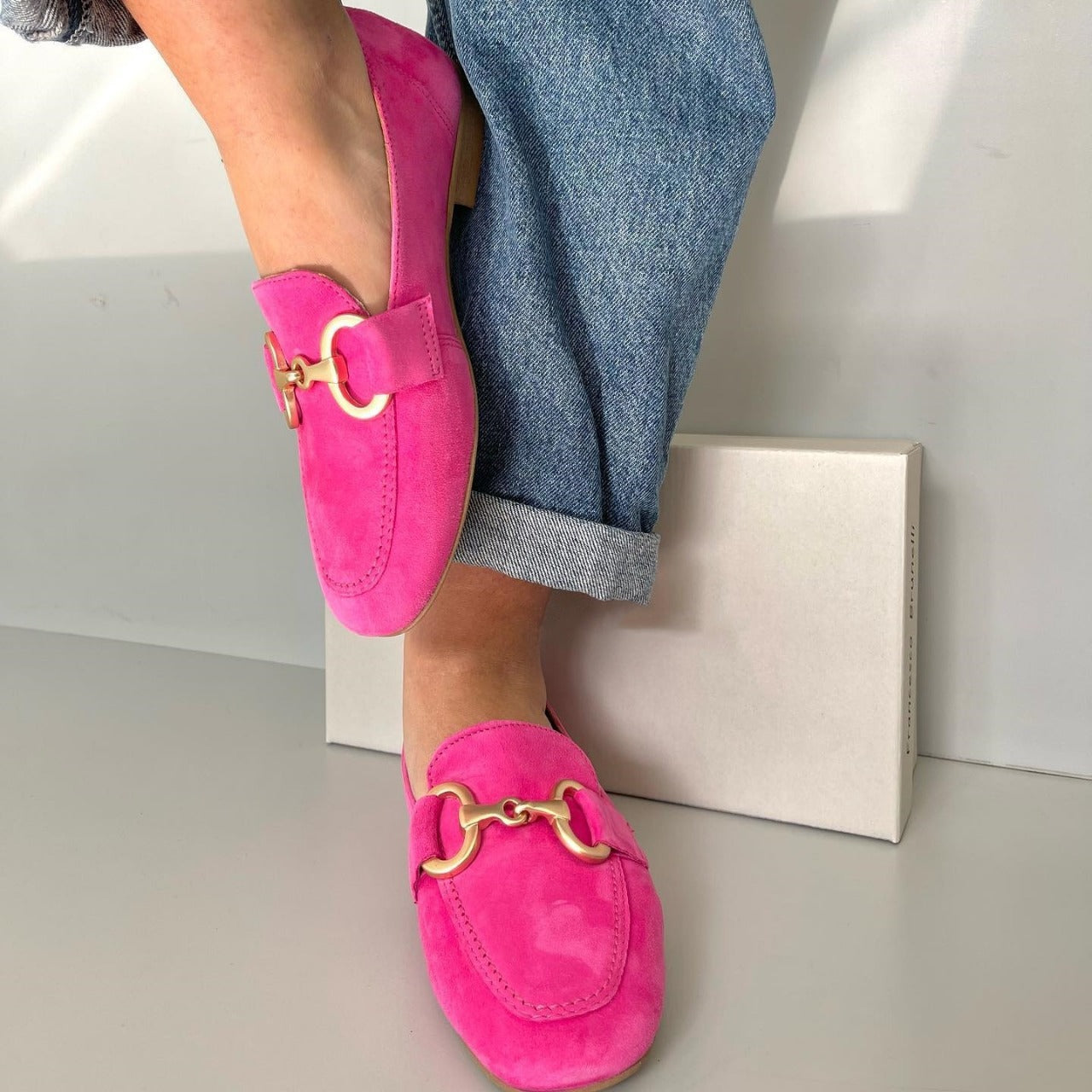 Simone - Women's Neon Suede Loafers with Gold Buckle