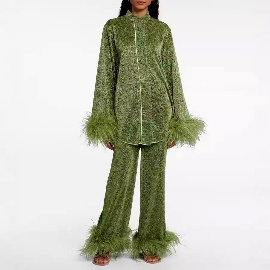 Simone - Women’s Sparkle Loungewear Set with Plume Trim 5