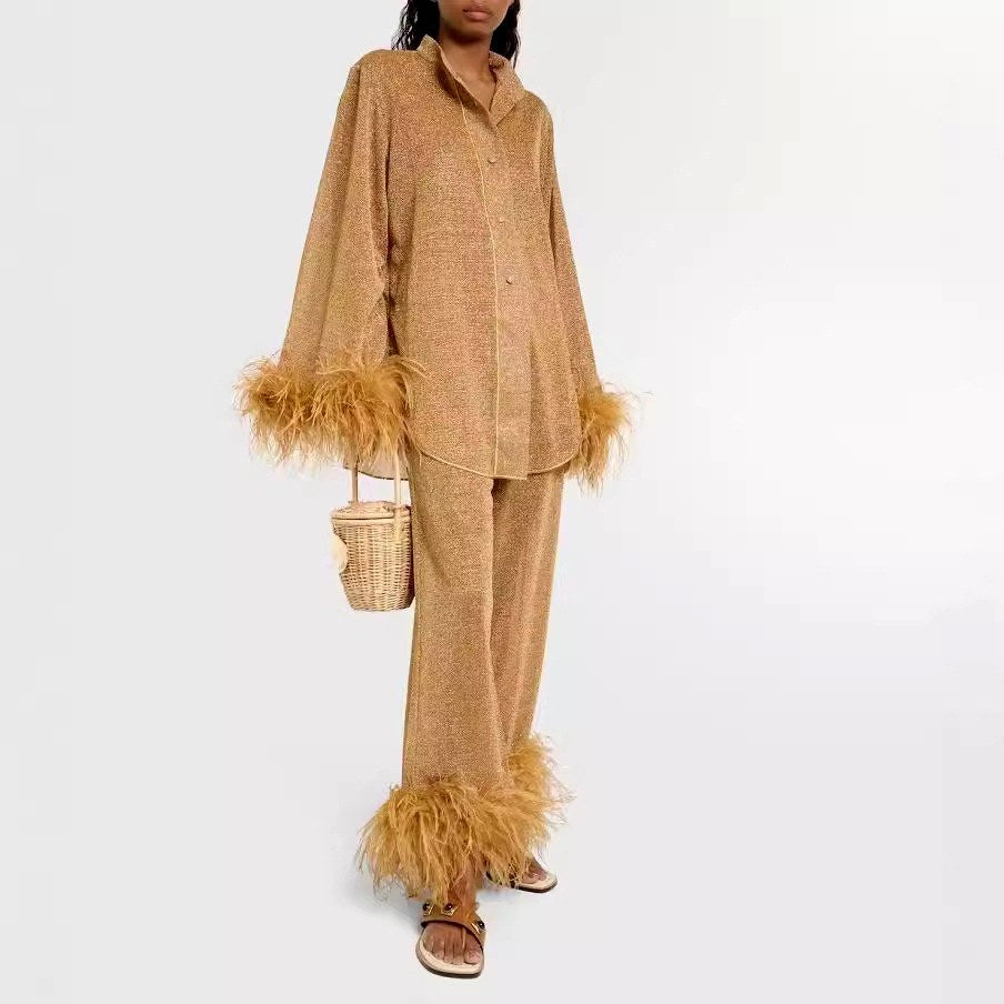 Simone - Women’s Sparkle Loungewear Set with Plume Trim 6