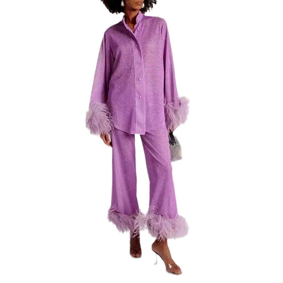 Simone - Women’s Sparkle Loungewear Set with Plume Trim 9