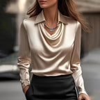 Talia - Women's Satin Cowl-Neck Blouse with Tapered Sleeves