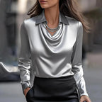 Talia - Women's Satin Cowl-Neck Blouse with Tapered Sleeves