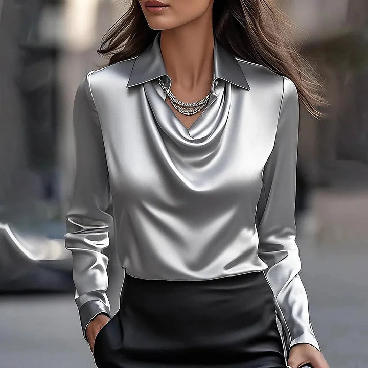 Talia - Women's Satin Cowl-Neck Blouse with Tapered Sleeves