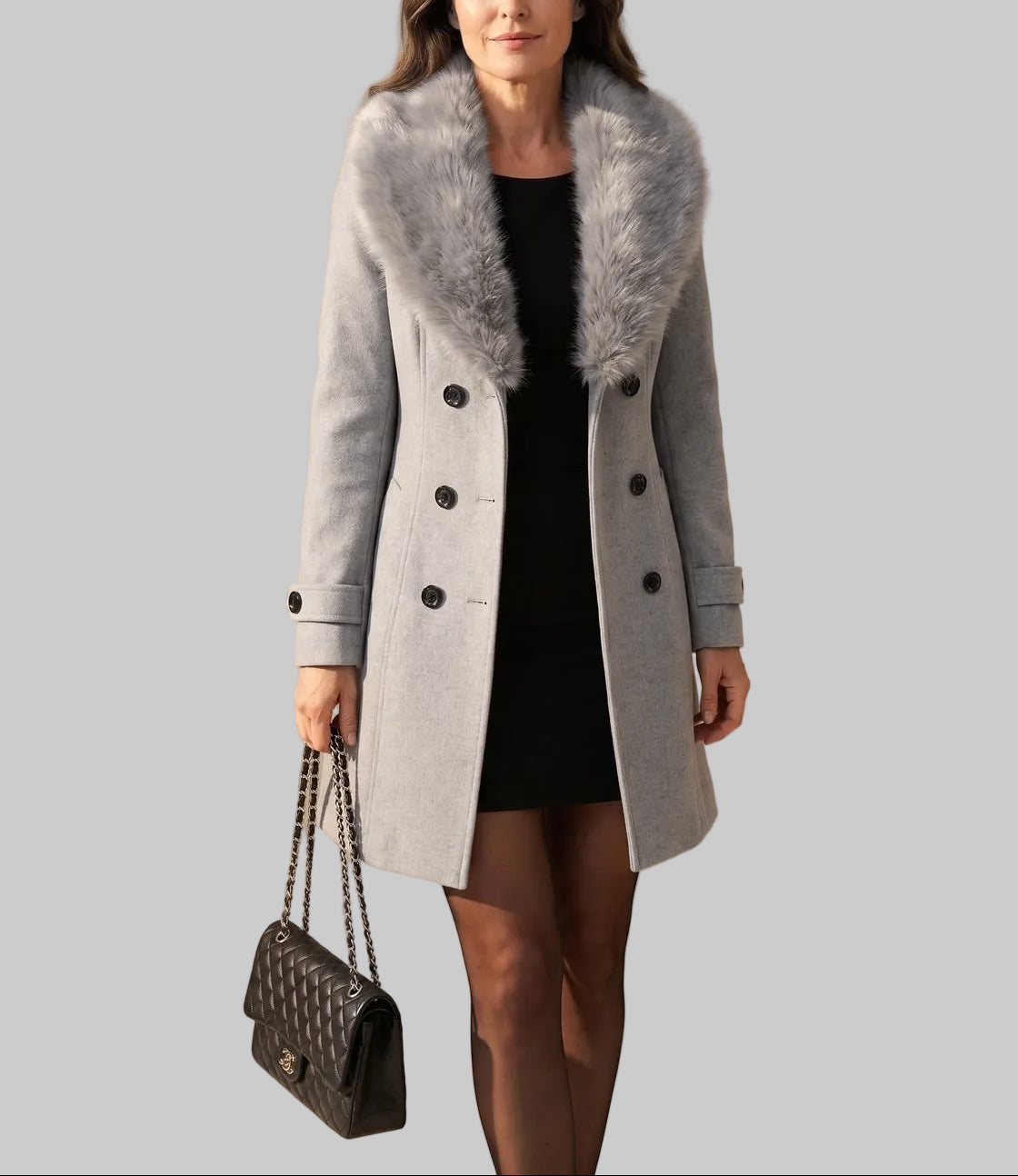 Tara - Women's Tapered Wool Coat with Faux-Fur Collar