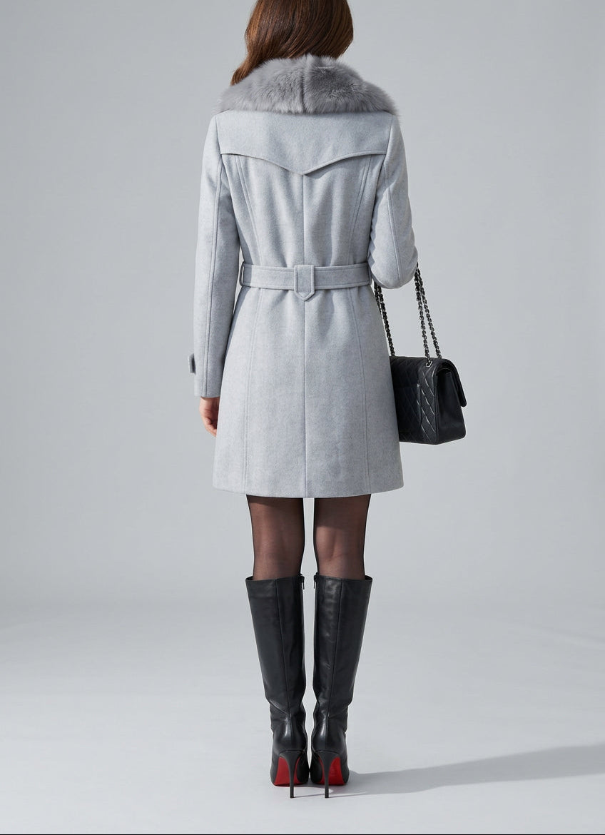 Tara - Women's Tapered Wool Coat with Faux-Fur Collar