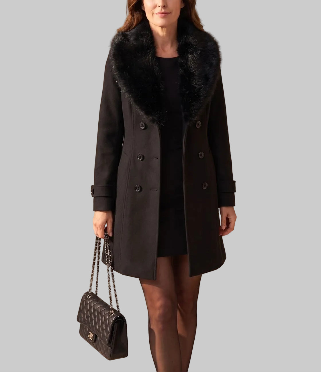 Tara - Women's Tapered Wool Coat with Faux-Fur Collar