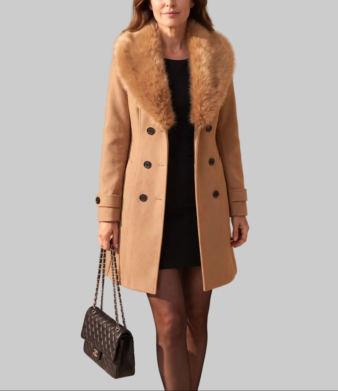Tara - Women's Tapered Wool Coat with Faux-Fur Collar