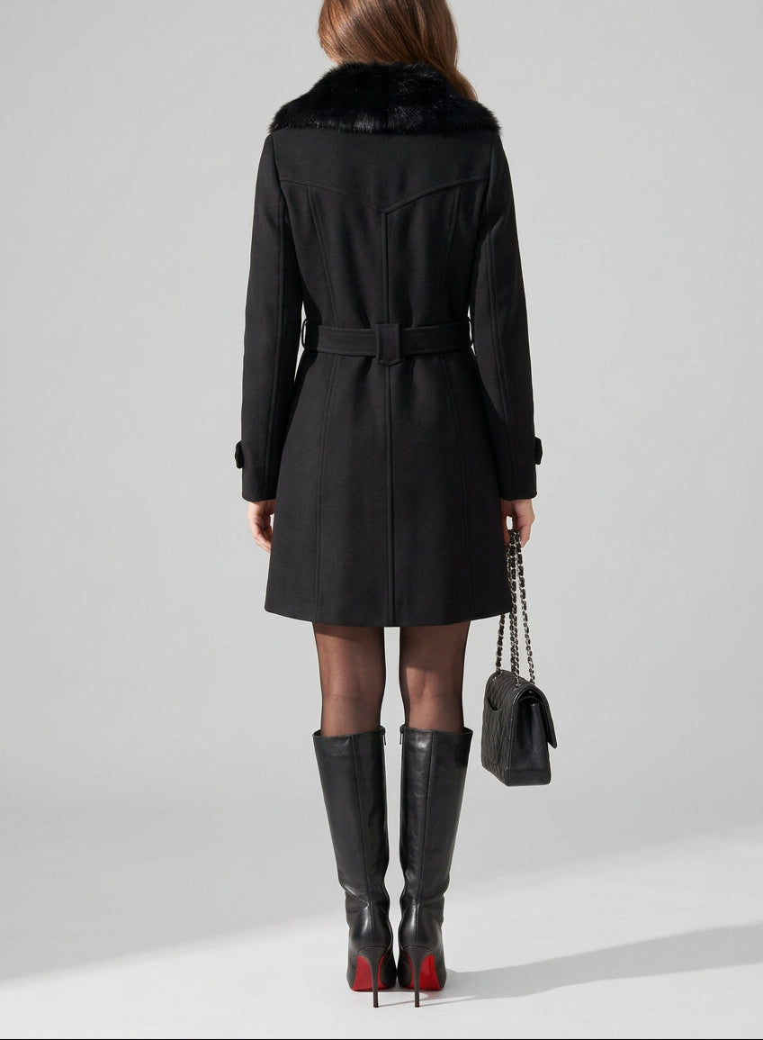 Tara - Women's Tapered Wool Coat with Faux-Fur Collar