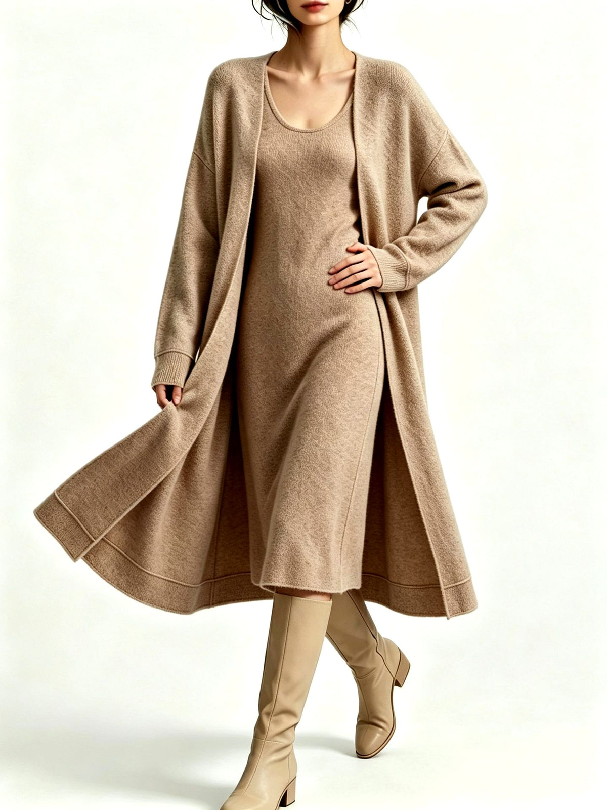Thalia - Women's Scoop Neck Dress with Open Cardigan 4
