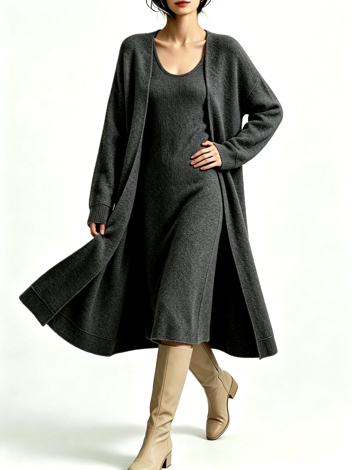 Thalia - Women's Scoop Neck Dress with Open Cardigan 9