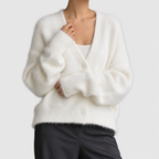 Theodora - Women's Fuzzy Knit Cardigan with Deep V-Neck