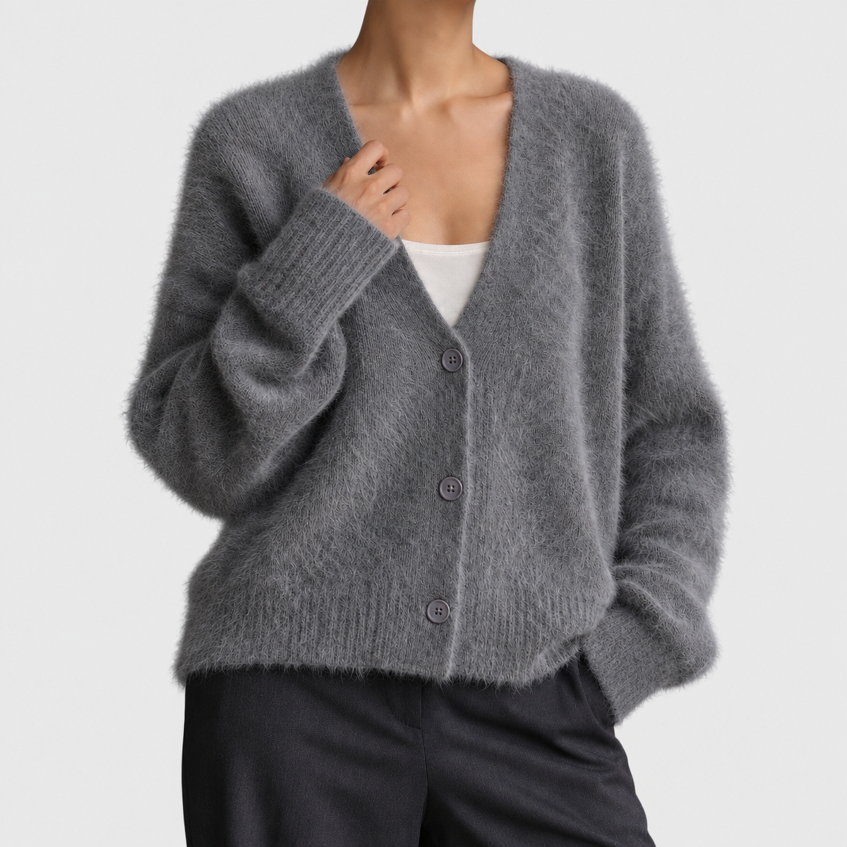 Theodora - Women's Fuzzy Knit Cardigan with Deep V-Neck