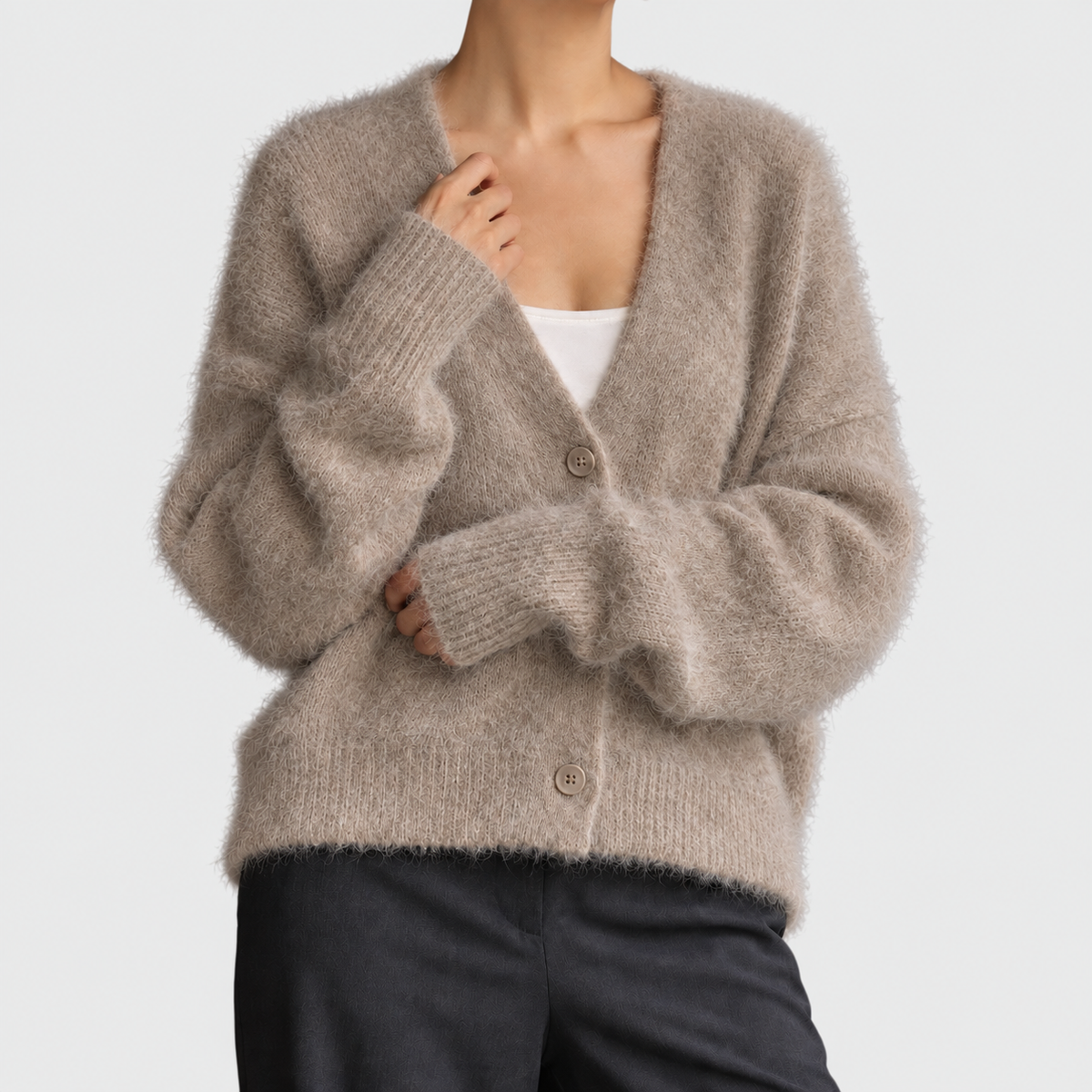 Theodora - Women's Fuzzy Knit Cardigan with Deep V-Neck