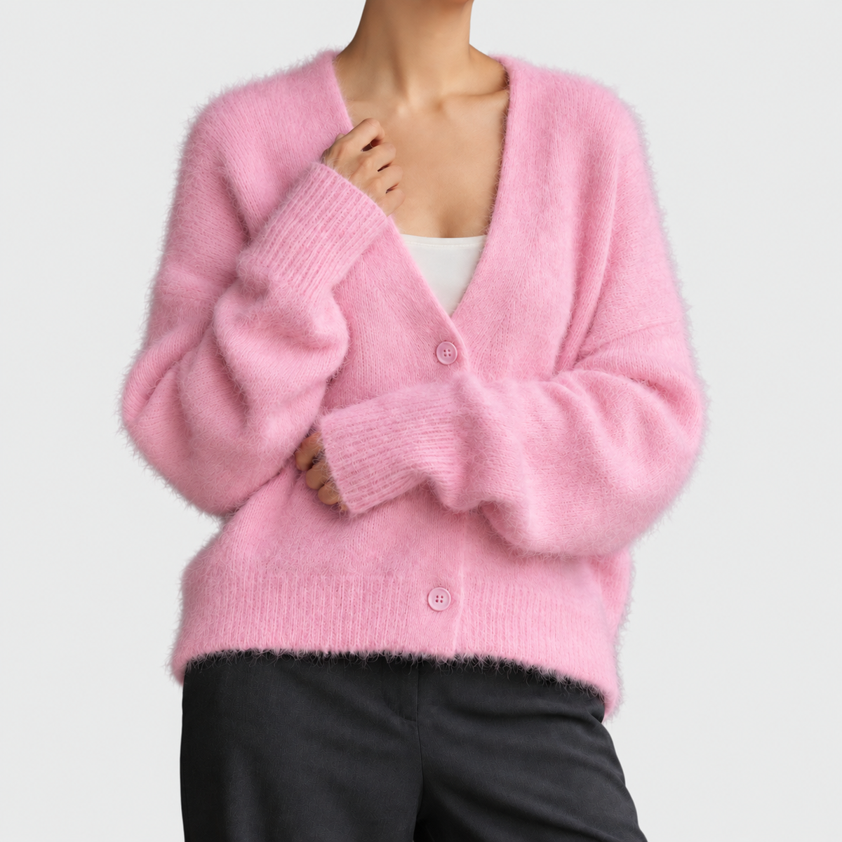 Theodora - Women's Fuzzy Knit Cardigan with Deep V-Neck
