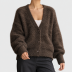 Theodora - Women's Fuzzy Knit Cardigan with Deep V-Neck