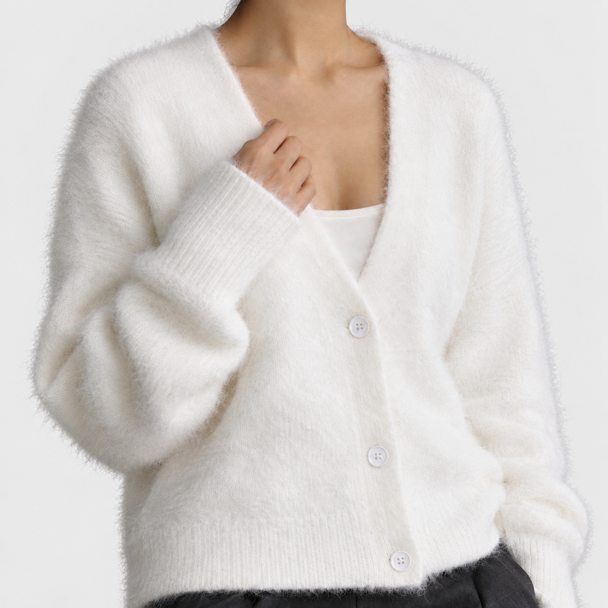 Theodora - Women's Fuzzy Knit Cardigan with Deep V-Neck