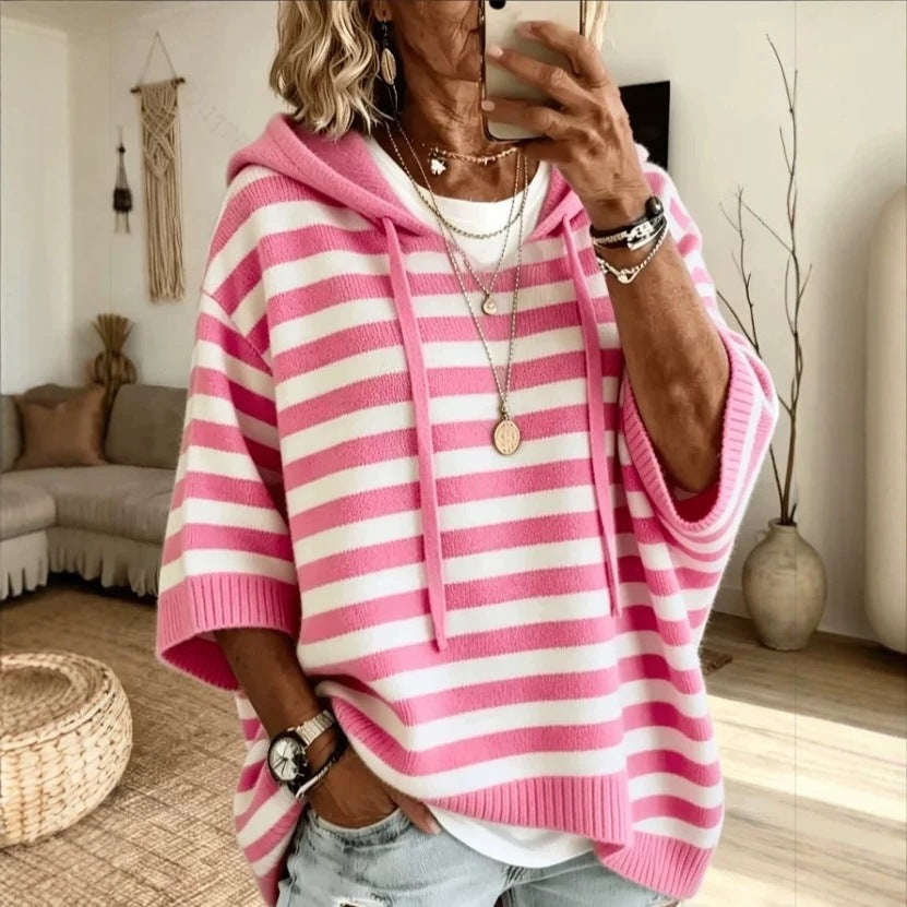 Valentina - Women's Striped 3/4 Sleeve Oversized Hooded Sweater 1