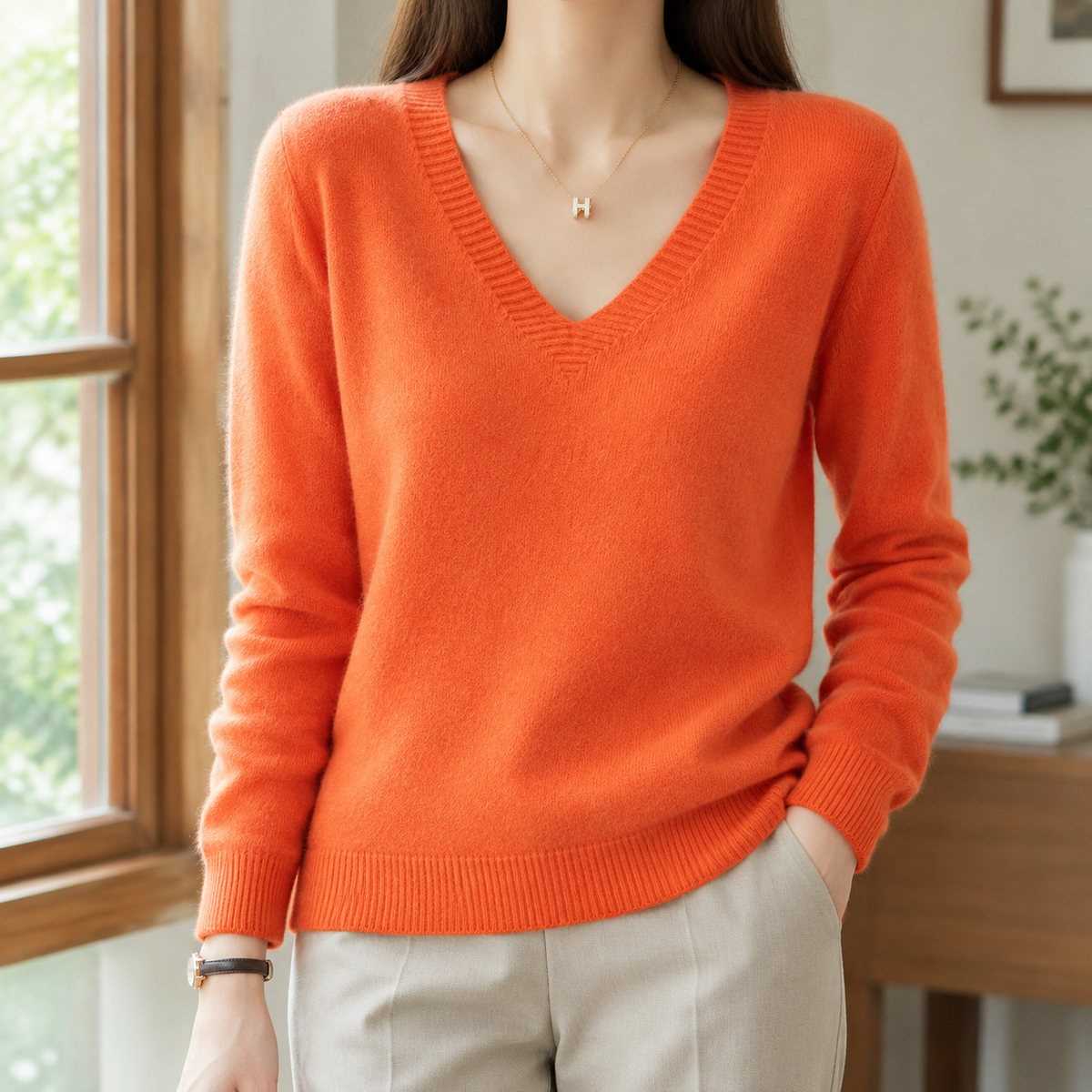 Valerie - Women's V-Neck Sweater with Ribbed Cuffs