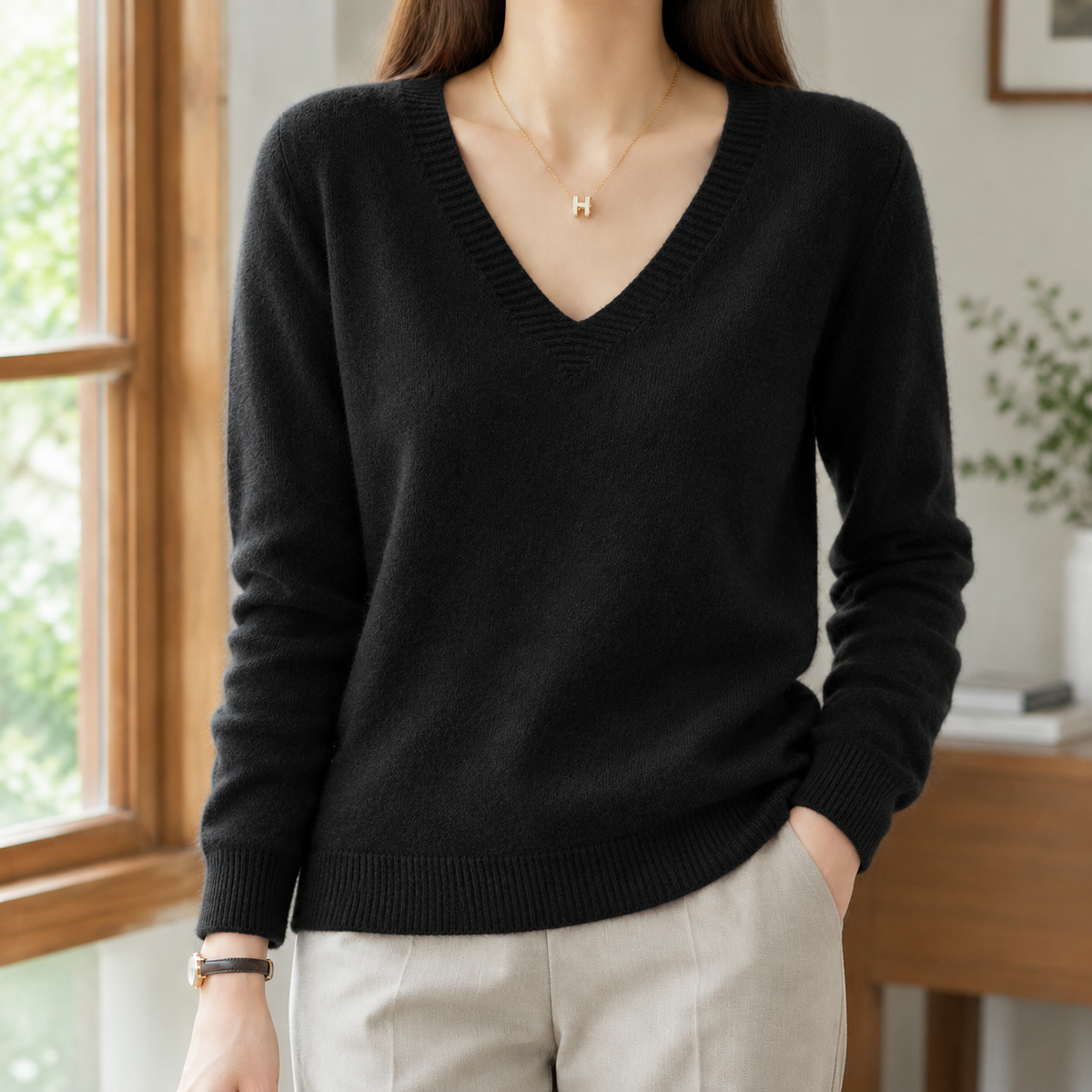 Valerie - Women's V-Neck Sweater with Ribbed Cuffs