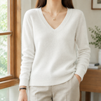 Valerie - Women's V-Neck Sweater with Ribbed Cuffs