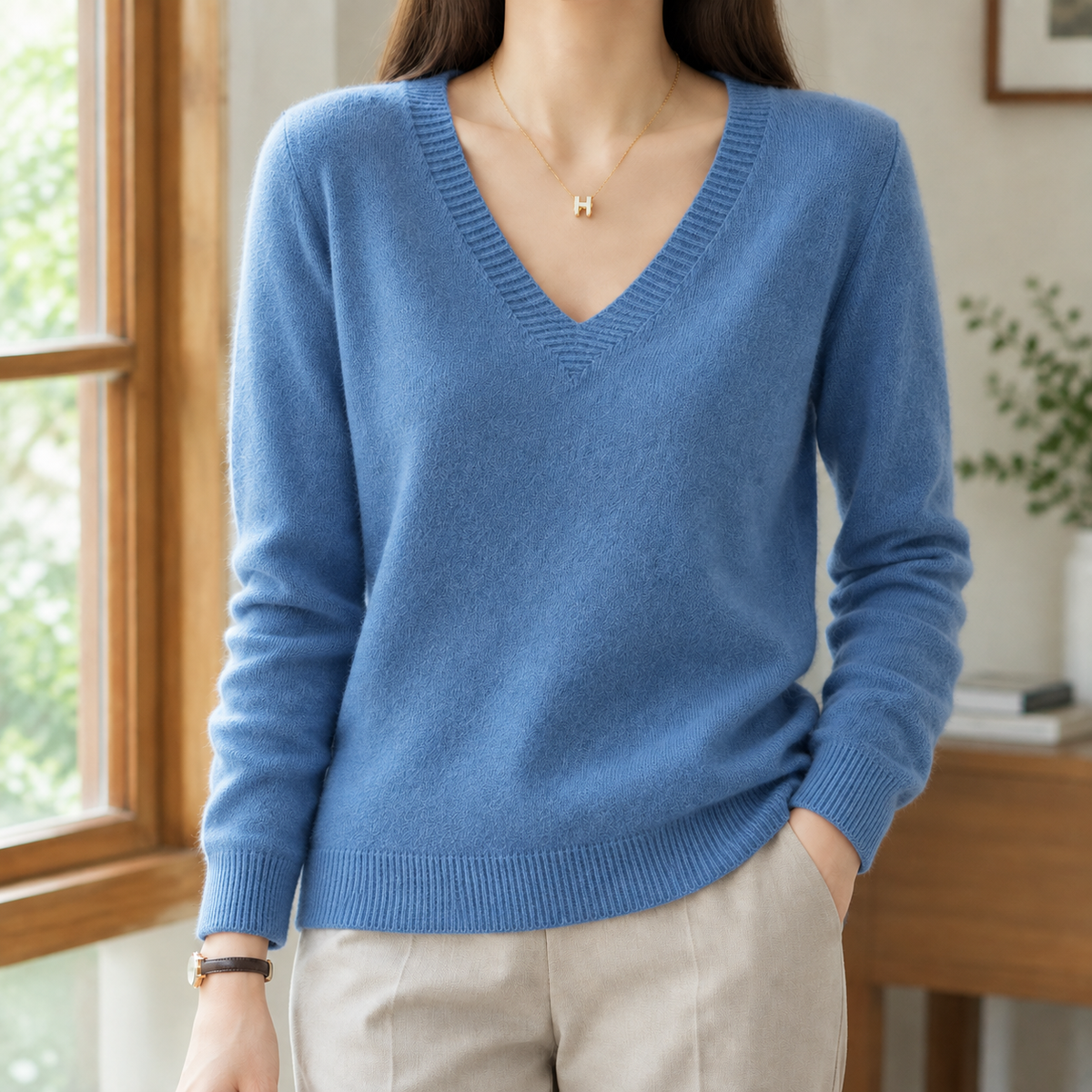 Valerie - Women's V-Neck Sweater with Ribbed Cuffs