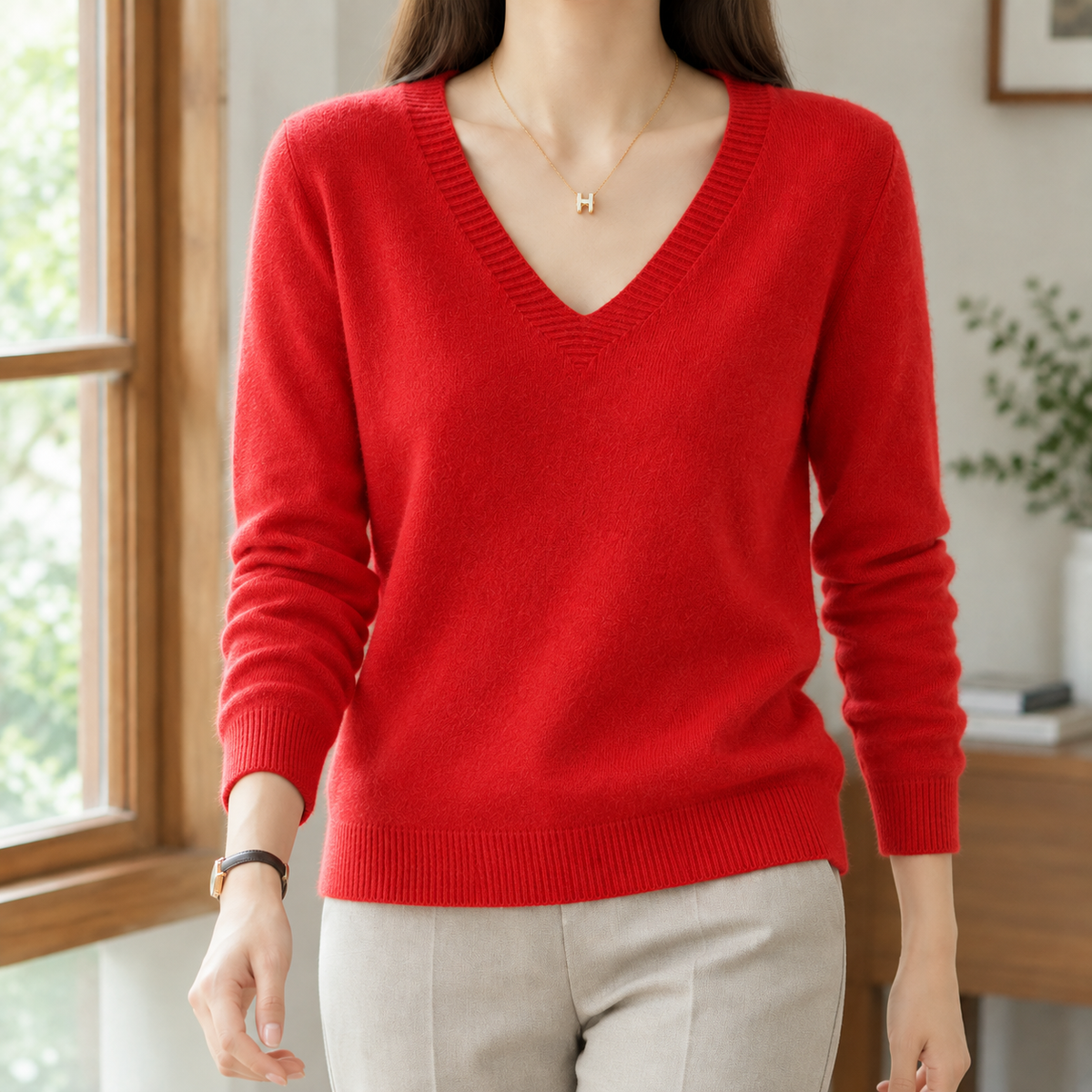 Valerie - Women's V-Neck Sweater with Ribbed Cuffs