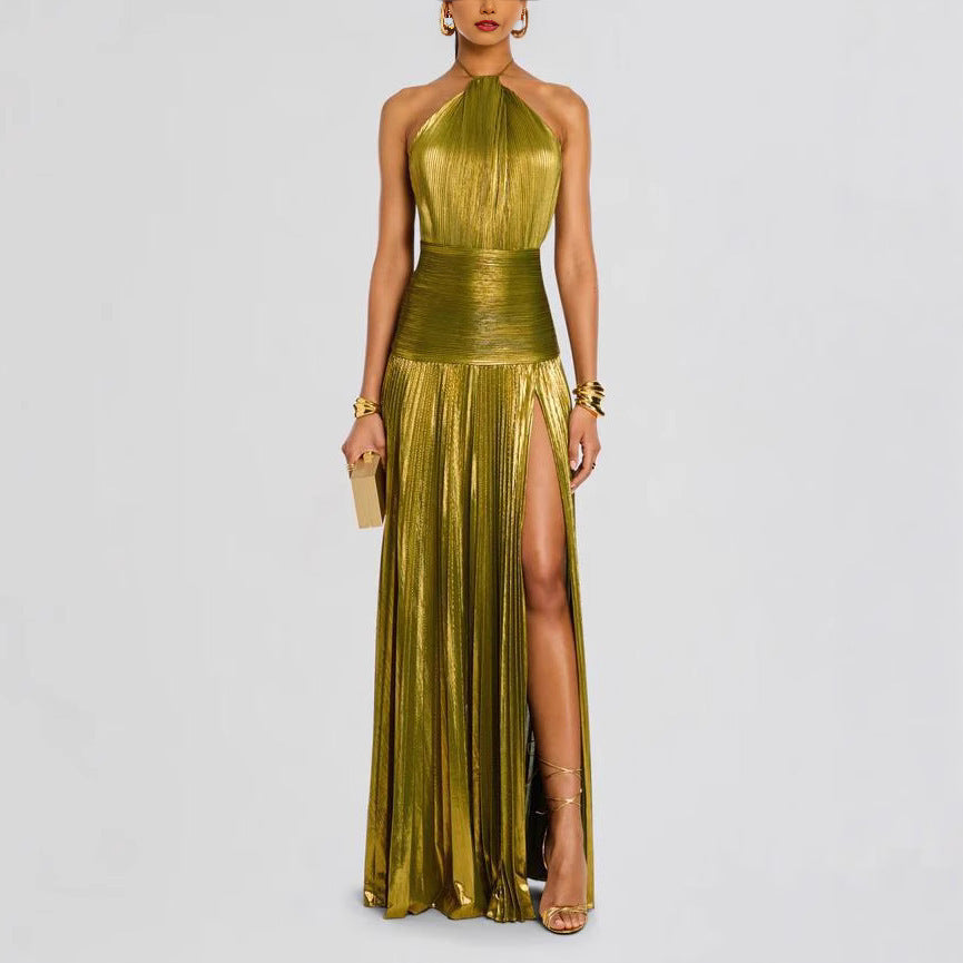 Vanessa – Women’s Metallic Pleated Halter Evening Dress 1