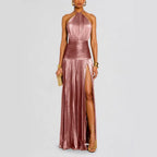 Vanessa – Women’s Metallic Pleated Halter Evening Dress 2