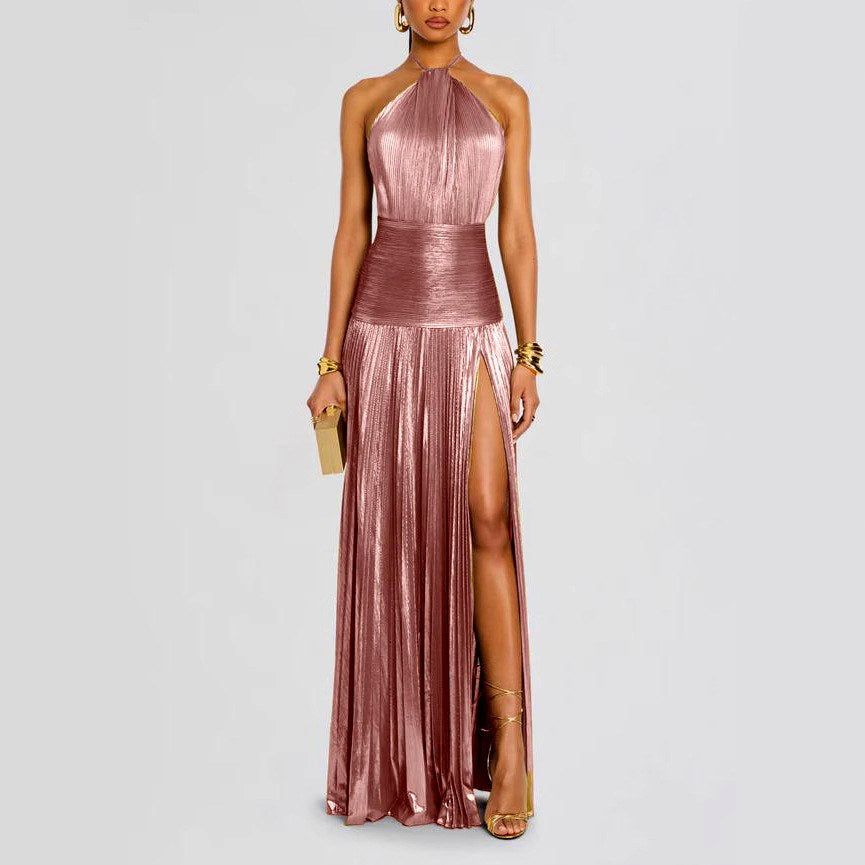 Vanessa – Women’s Metallic Pleated Halter Evening Dress 2