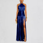 Vanessa – Women’s Metallic Pleated Halter Evening Dress 3