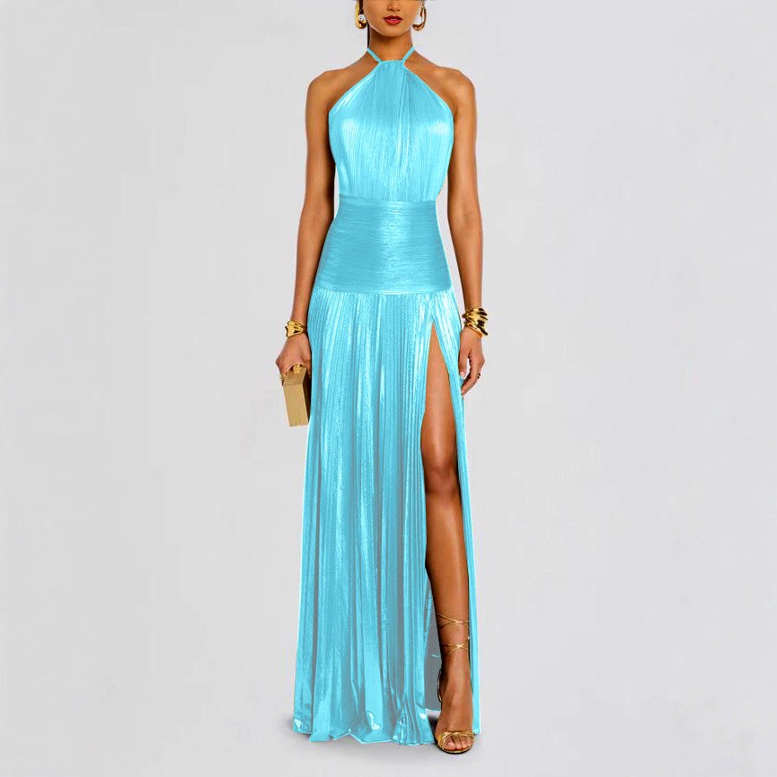 Vanessa – Women’s Metallic Pleated Halter Evening Dress 4