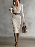 Venetia - Women's Belted Ribbed V-Neck Midi Dress