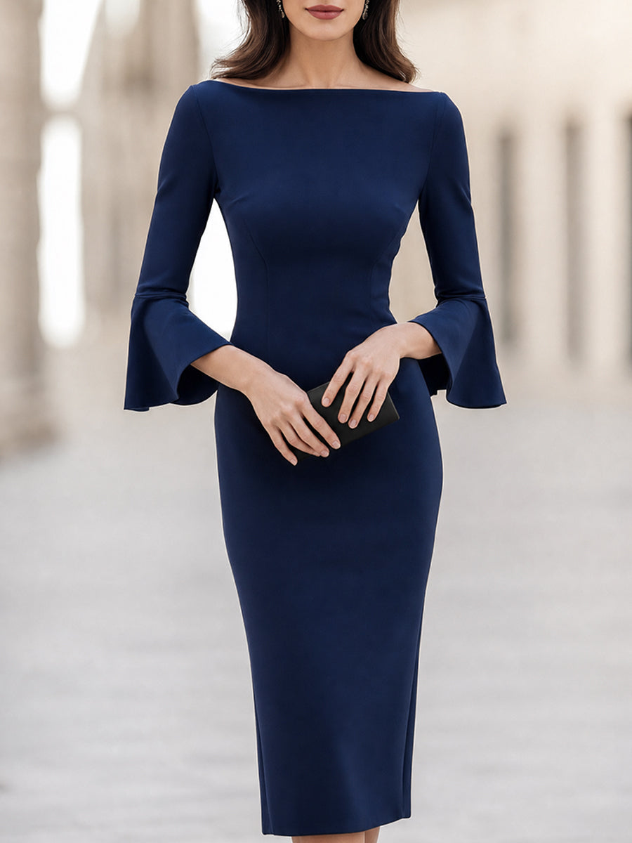Venetia - Women's Boat-Neck Bell-Cuff Pencil Midi Dress