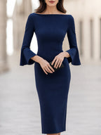 Venetia - Women's Boat-Neck Bell-Cuff Pencil Midi Dress