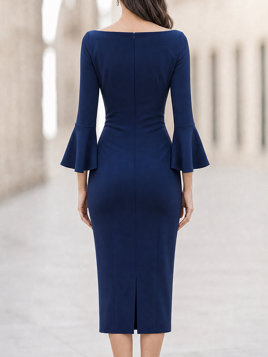 Venetia - Women's Boat-Neck Bell-Cuff Pencil Midi Dress