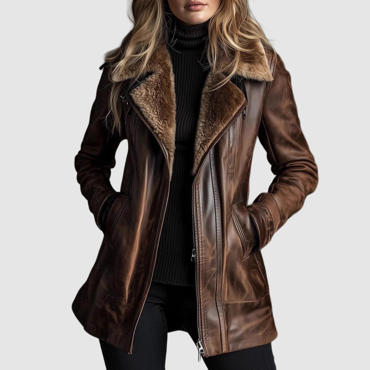 Venetia - Women's Burnished Leather Shearling-Collar Jacket