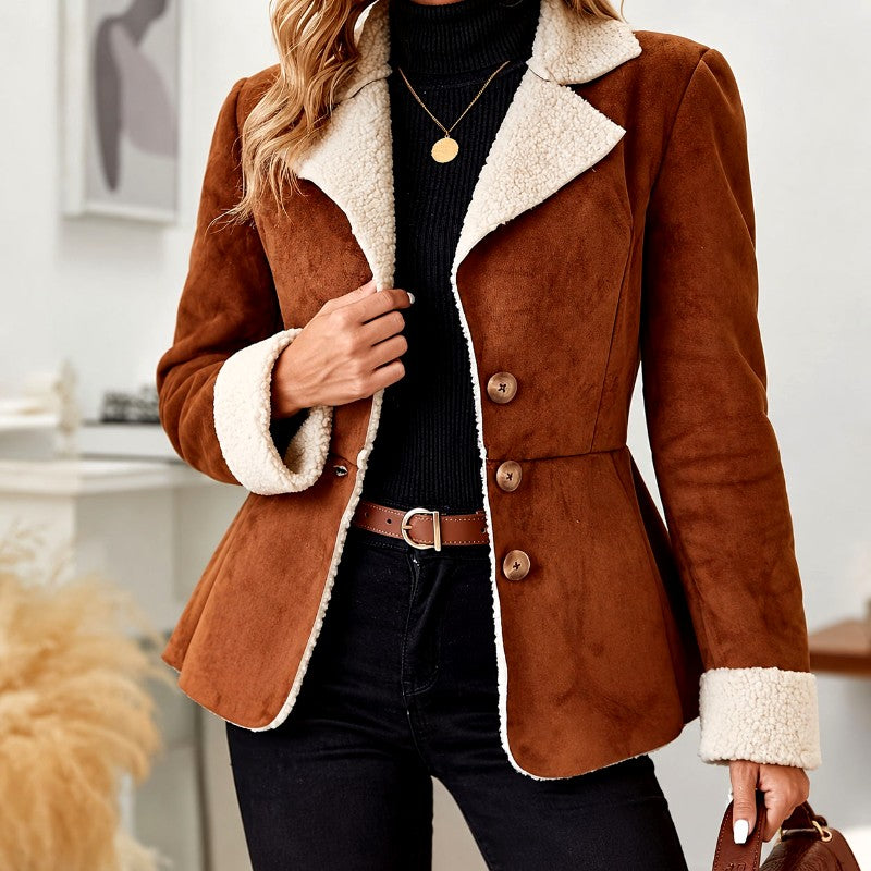 Vera - Women’s Faux Suede Shearling Trim Fitted Jacket 2