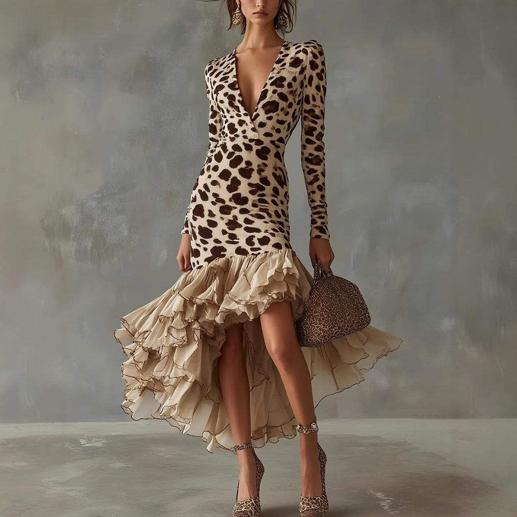 Veronica - Women's Leopard Print Ruffle High-Low Dress 1