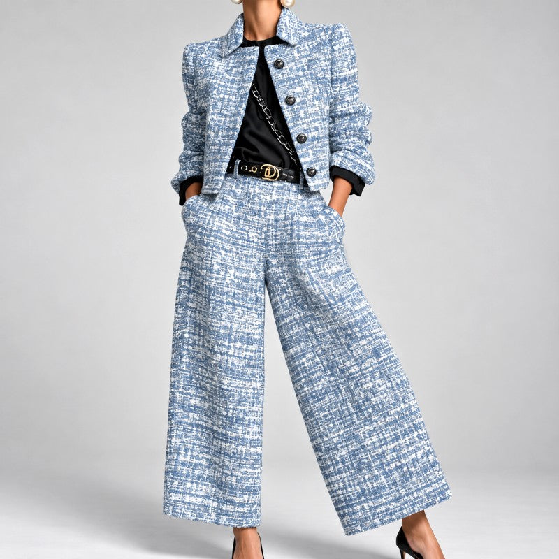 Victoria - Women's Tweed Cropped Blazer & Wide Leg Pants Suit Set 2