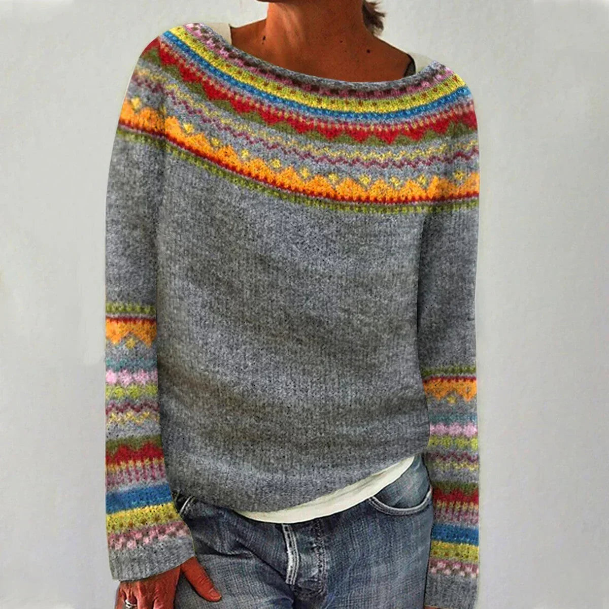Violet - Women's Multicolor Striped Knit Sweater with Patterned Yoke
