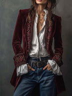 Vivienne - Women's Velvet Embroidered Longline Tailored Blazer 3