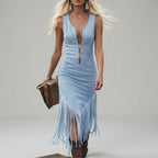 Wilhelmina - Women's Sleeveless Fringe Trim Bodycon Dress