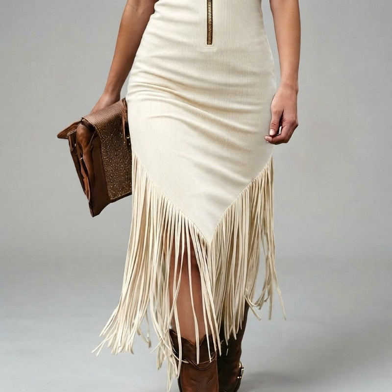 Wilhelmina - Women's Sleeveless Fringe Trim Bodycon Dress