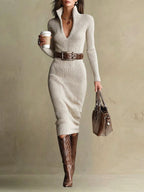 Willow - Women's Ribbed V-Neck Midi Dress with Belt