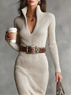 Willow - Women's Ribbed V-Neck Midi Dress with Belt